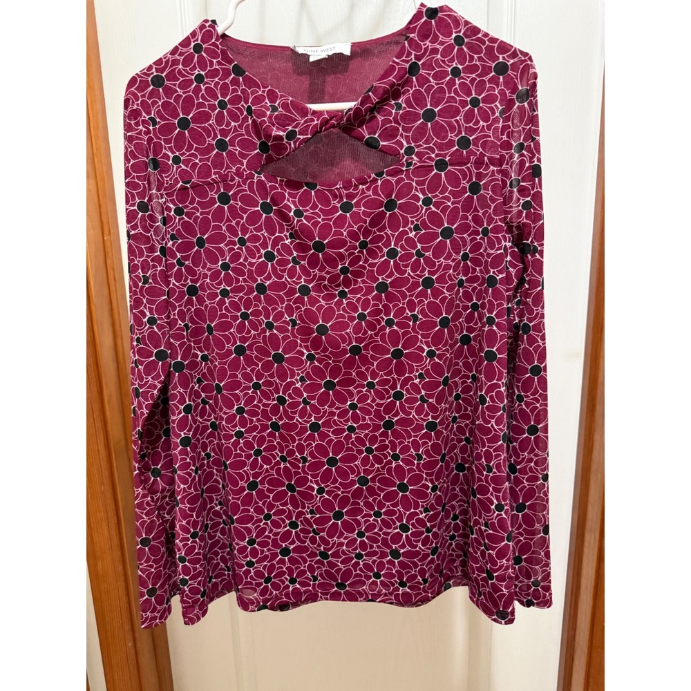 Nine West Womens Burgundy Floral Mesh Twist Keyhole Long Sleeve Blouse Large